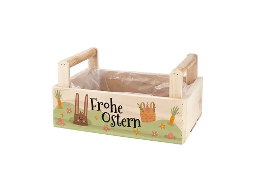 Herz & Heim Geschenkbox zu Ostern - Pflanzkorb aus Holz als Osterkorb für Ostergeschenke, 2 Griffe, mit Folie ausgekleidet