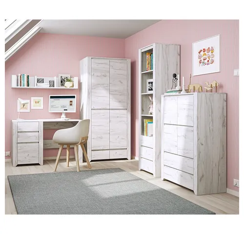 Lomadox Jugendzimmer-Set AMANTEA-129, 5-tlg., Schreibtisch in Craft Eiche weiß - Modernes Jugendzimmer Set AMANTEA-129 in Craft Eiche weiß, ideal für kreative Räume. Das 5-teilige Set bietet elegantes Design und praktische Stauraumlösungen für ein harmonisches Wohnambiente.