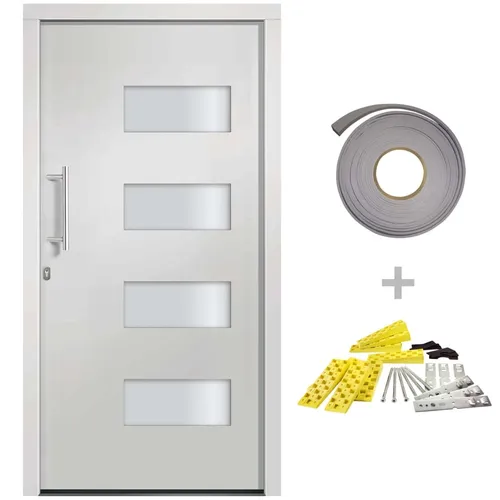 vidaXL Haustür Aluminium und PVC Weiß 110x210 cm - Hochwertige Eingangstür aus Aluminium und PVC, bietet Sicherheit mit 5-fach-Sicherheitsschloss und eleganten Design. Ideal für einen stilvollen und sicheren Eingangsbereich.