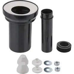 Produktbild WC-Anschlussgarnitur mit Abflussrohr 110 mm mit weißen Kappen - Ablaufstutzen außen