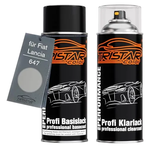 TRISTARcolor Autolack Spraydosen Set für Fiat/Lancia 647 Grigio Steel Metallic/Grigio Paladio Metallic Basislack Klarlack Sprühdose 400ml