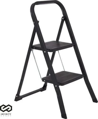 Brixy Stabile Haushaltstreppe 2 Stufen - Küchentreppe klappbar - Anti-Rutsch - Treppenleiter - Faltbar - Metall - Schwarz