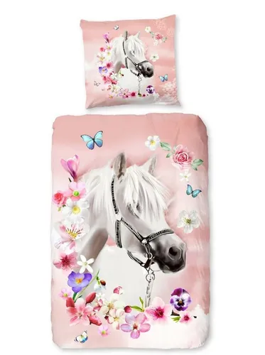 Soma Kinderbettwäsche 135x200 Einhorn Pferd - 2-teiliges Bettwäsche-Set aus 100% Baumwolle, mit Wendefunktion und Reißverschluss, ideal für kleine Einhorn-Fans in Rosa und Pink.