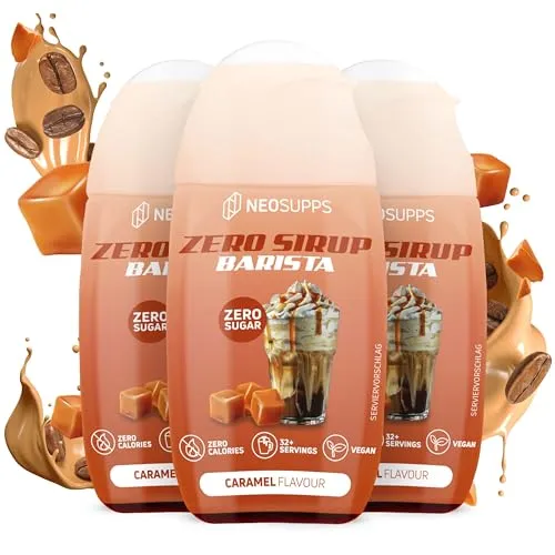 Neosupps Zero Sirup Barista Caramel Geschmack, natürlicher Getränkesirup mit Zero Kalorien, Getränkekonzentrat, Fertiggetränk Vegan, Zuckerfreier Sirup, Ideal für Kaffeespezialitäten, 3x 65ml