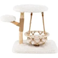 Costway Katzenmöbel Kletterturm Kratzbaum Holz Natur & Weiß 66 cm - Katzenmöbel Kletterturm mit 4 Ebenen, ideal für Spiel und Ruhe. Die handgewebte Schaukel und die weichen Plattformen bieten ultimativen Komfort für Ihre Katze.