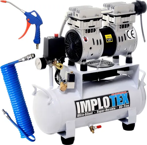 IMPLOTEX 850W 14L Flüsterkompressor - Kompressoren mit nur 55dB Lautstärke – ideal für ruhige Arbeitsumgebungen, wartungsfreies, ölfreies Aggregat und inklusive Ausblaspistole und Druckluftschlauch.