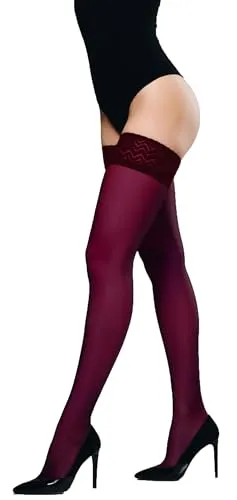 JUST BEAUTY TOUCH Blickdichte Halterlose Strümpfe für Damen – 60 Denier mit Silikon-Spitzenband, Weiches Mikrofaser, Bequem & Stilvoll (XL/XXL, Burgund)