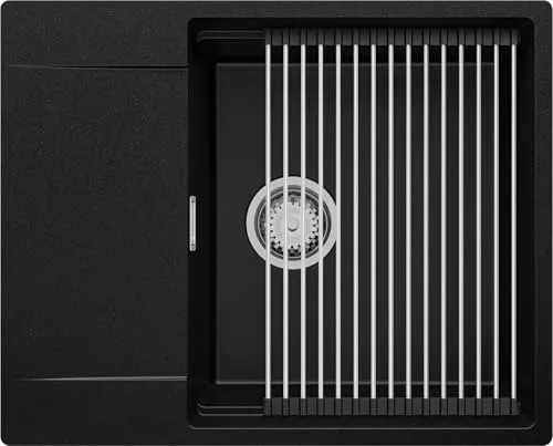 PRIMAGRAN Spülbecken Schwarz 62x50cm, Granitspüle 1 Becken + Ablauf-Set + Aufrollbare Abtropffläche, Küchenspüle ab 50er Unterschrank - San Francisco S067