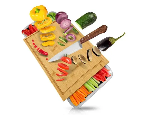 HEIMWERT Schneidebrett mit Auffangschale aus Bambus - 40,5x30x5,6 cm - Hackbretter aus hochwertigem Bambus mit rutschfesten Füßen und großer Saftrille für einen sauberen Arbeitsbereich. Inklusive 2 Edelstahl-Auffangschalen, ideal für eine einfache Handhabung in der Küche.