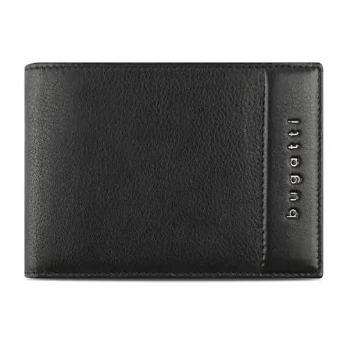 bugatti Nome Geldbörse mit Klappe, RFID-Schutz, Schwarz - Herren-Geldbörse im Querformat mit 8 Kartenfächern und RFID-Schutz für maximale Datensicherheit. Handgefertigt aus hochwertigem Kalbleder, ideal als edles Geschenk.
