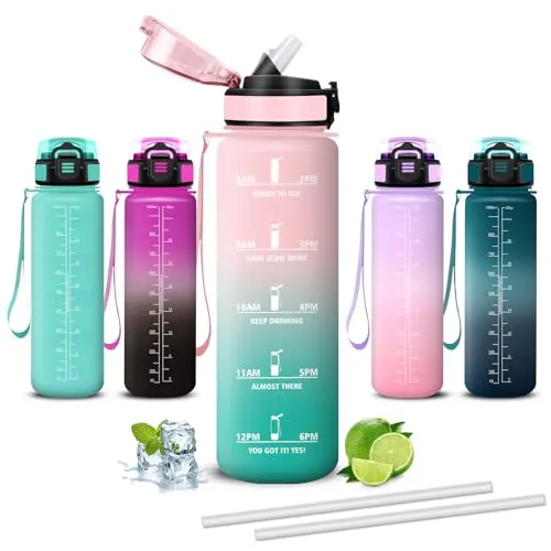 Mujigaga Trinkflasche 1l, Trinkflasche Sport, Wasserflasche mit Strohhalm, Leicht zu Reinigen, Wasserflasche Auslaufsicher, Breite Öffnung, Flasche für Schule, Yoga, Fahrrad, Klettern