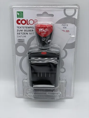 COLOP Datumstempel-Set Classic 2360 - Praktisches Datumstempel-Set mit 4 Zeilen Text und Datum, ideal für Büro und Organisation, in stilvollem schwarz/rot.
