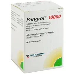 Pangrol 10000 - Pankreasenzympräparat - Arzneimittel zur Unterstützung der Verdauung bei Pankreasinsuffizienz, enthält magensäureresistente Kapseln mit wichtigen Verdauungsenzymen für optimale Nährstoffaufnahme.
