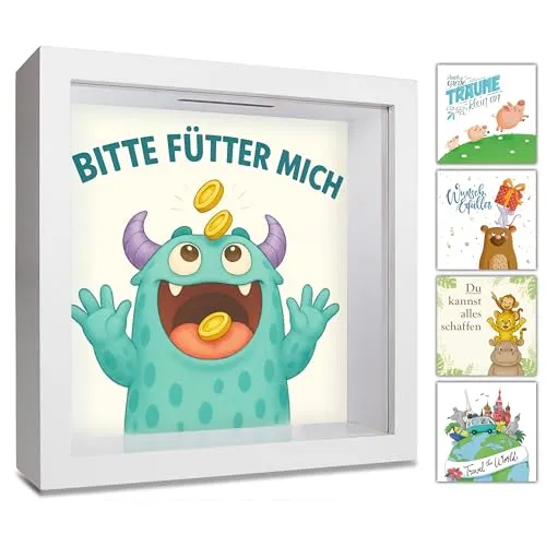 GLÜCKSWOLKE - Spardose Kinder, Monster Motiv, Geldgeschenke Verpackung für Geburtstag, Sparschwein groß, 3D Bilderrahmen, Sparkasse, Sparbüchse, Geld Geschenk für Junge & Mädchen
