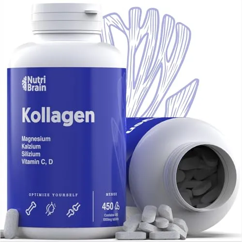 Hydrolysiertes Kollagen Kapseln mit Magnesium | XXL-Packung für 6 Monate - Kollagen-Präparate mit 450 Kapseln, angereichert mit Calcium und Vitamin C für gesunde Haut, Gelenke und mehr Energie – ideal für die Unterstützung von Hautelastizität und Muskelmasse.