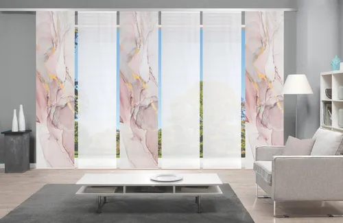 Vision S Schiebegardine MARMOSA 6er SET - Blickdicht in Bambus-Optik, Gold/Rosa - Gardinen-Set mit 6 blickdichten Paneelwagen, ideal für Sichtschutz und Raumteilung. Pflegeleichtes Polyester mit elegantem Digitaldruck in Gold und Rosa.