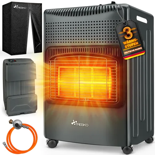 TRESKO® 4200 Watt Gasheizer Anthrazit mit Gasschlauch & Abdeckung | Flexibler Heizstrahler für Innen & Außen