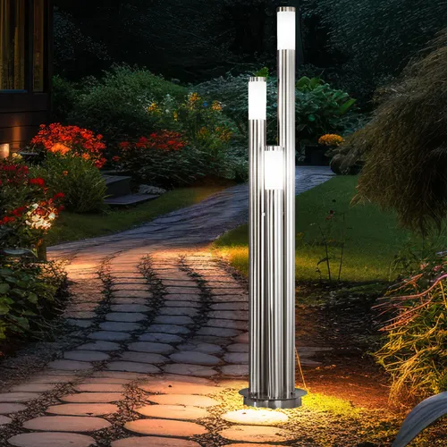 Elegante LED Stehlampe aus Edelstahl, 3-Säulen, H 170 cm - Lampen, wetterfest mit IP44 Schutzart, ideal für den Außenbereich und sorgt für stilvolle Beleuchtung im Garten oder auf der Terrasse.