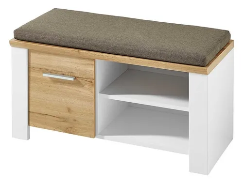 Vito Schuhbank MATERIO, 90 cm, Weiß matt mit Eiche Altholz Dekor - Drohnen-Zubehör: Praktische Schuhbank MATERIO mit eleganter Optik, 1 Tür, 2 Fächer und bequemem Sitzkissen für mehr Komfort und Ordnung.