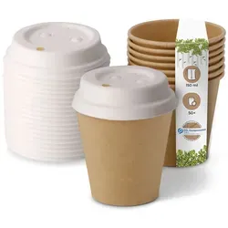 BIOZOYG 50 Stück Kaffeebecher mit passenden Pappdeckeln 150ml / 6oz Einwegbecher Pappbecher Kaffeetassen ungebleicht kompostierbar nachhaltig
