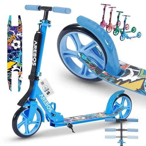Arebos Cityroller Tretroller Blau - Höhenverstellbar & Klappbar - Roller für Kinder und Erwachsene bis 100 kg, mit XXL Rädern für einen komfortablen Fahrspaß und einfacher Höhenverstellung für jahrelangen Einsatz.