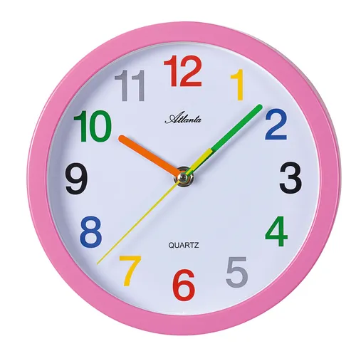 Kinderwanduhr, Wanduhr pink  für Mädchen mit bunte Zahlen , schleichende Sekunde