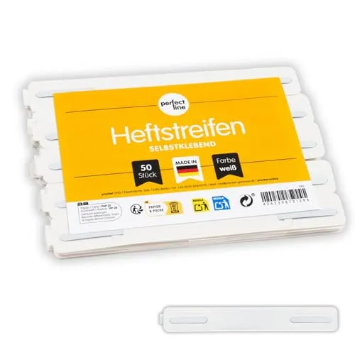 perfect line – 50 selbstklebende Heftstreifen aus PP (300 my Stark) - Weiß, 15 x 2 cm, extra schmal - optimal bis DIN A4 Unterlagen, starke Klebekraft, einfaches Anbringen - Made in Germany