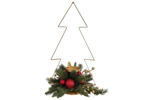 Online-Fuchs Kerzenhalter als Gesteck in Weihnachtsbaum-Form mit Kugeln, Kerzenständer (nutzbar für Stumpenkerzen bis zu 7,5 cm im Durchmesser, geschmückt mit Tannenzweigen, Kugeln mit Glitzer und Tannenzapfen), aus Metall, Maße: 49x28x28 cm