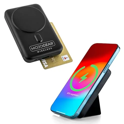 MOJOGEAR Kabellose Magnetisches Ladegerät-Powerbank 10.000 mAh – Magnetisch und kabellos für Android und iPhone – Mit Ständer – Schwarz