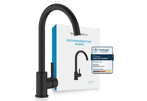 Bächlein Küchenarmatur Gleno – Matt schwarze Einhand-Spültischbatterie mit 360° schwenkbarem Auslauf - Armaturen – Robuste Edelstahlkonstruktion mit innovativem Neoperl Luftsprudler für optimale Strahlqualität und minimalen Geräuschpegel.