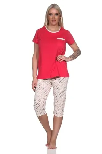Normann Damen Kurzarm Schlafanzug mit Capri-Pyjamahose in Tupfen Punkte Optik, Farbe:pink, Größe:36-38