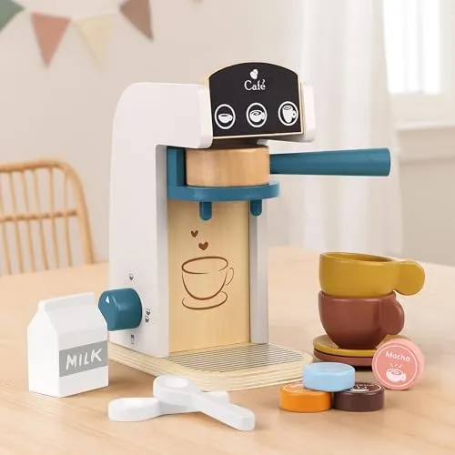 Little Log Holz Kaffeemaschine Set, Kaffeemaschine Spielset - Holz Deluxe Spielküchenset mit Zubehör (13 Stück)