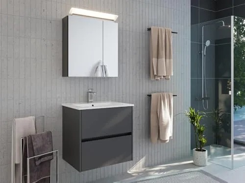 Magnolia Home Badmöbelset Taifun 60cm 2tlg mit Spiegelschrank - Hochwertiges Badmöbelset mit pflegeleichtem Keramik-Waschbecken und geräuscharmem Soft-Close-System. Viel Stauraum durch praktische Schubladen und Fächer – ideal für Ihr Badezimmer.