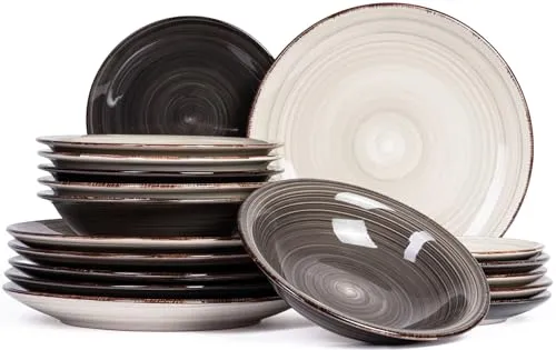 HIT Trading Kombiservice GREYROAD - 18-tlg. für 6 Personen - Kombiservice für 6 Personen aus hochwertiger Keramik, mikrowellengeeignet und spülmaschinenfest. Perfekt für stilvolle Dinner-Events oder den täglichen Gebrauch in Grau, Schwarz und Weiß.