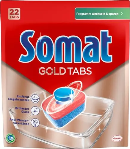 Somat Gold Spülmaschinen Tabs (22 Tabs), Geschirrspül Tabs für strahlend sauberes Geschirr auch bei niedrigen Temperaturen, Extra-Kraft gegen Eingebranntes