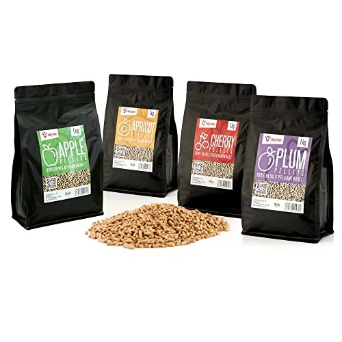 BBQ-Toro Pellets Set aus 100% Fruchtholz - Grillpellets für intensives Aroma – ideal für Grill, Smoker und Pizzaofen. Mit Kirsch-, Pflaume-, Aprikose- und Apfelpellets für unvergleichlichen Geschmack.