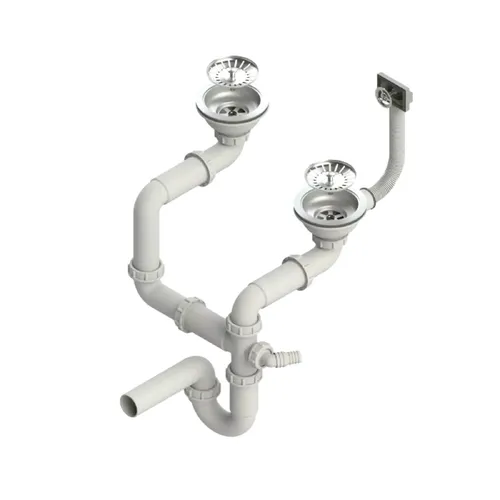 QLS Manueller Siphon 3 1/2 Zoll für Doppelbecken - Robuster Siphon aus rostbeständigem Edelstahl für Doppelbecken, ideal zur einfachen Installation in der Küche. Inklusive Anschlussset für Geschirrspüler und Waschmaschine.