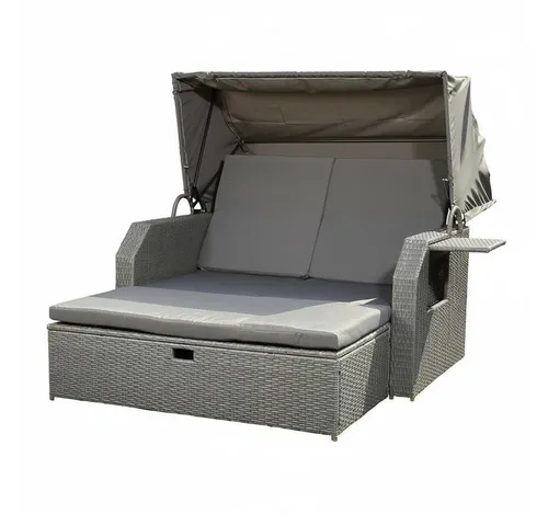Feel2Home Gartenliege Polyrattan Sonnenliege mit Dach und Fußbank, 2-Sitzer Relaxliege, Sonnenliege und Fußbank inkl. Kissen, Sonnendach, Seitentisch, Doppel-Sonnenliege mit Sonnendach, Fußbank und klappbarem Tisch