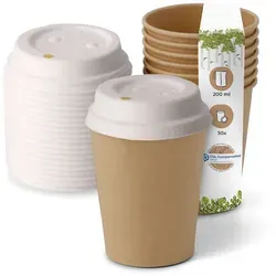 BIOZOYG 50 Stück Kaffeebecher mit passenden Pappdeckeln 200ml / 8oz Einwegbecher Pappbecher Kaffeetassen ungebleicht kompostierbar nachhaltig