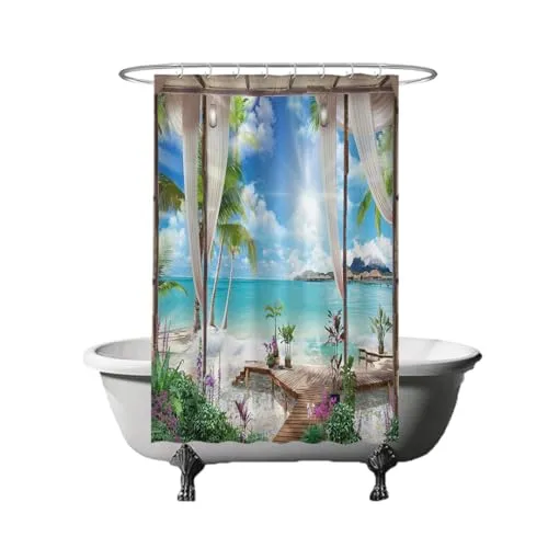 Ulticool Duschvorhang – Strand Meer Natur - 120 x 180 cm - Waschbar - Anti Schimmel - mit 8 Ringen - Blau Weiß Grün