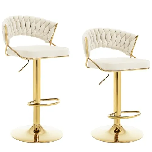 WOLTU Barhocker 2er Set, mit geflochtener Rückenlehne, Samthocker, Creme