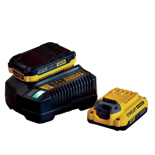 STANLEY FATMAX V20 Starter Kit 18V mit 2x2Ah Akkus - Zangen-Kit mit 2 x 18V Lithium-Ion Akkus und Ladegerät. Verbesserte Technologie sorgt für keinen Memory-Effekt und schnelle Ladezeiten in nur 30 Minuten.