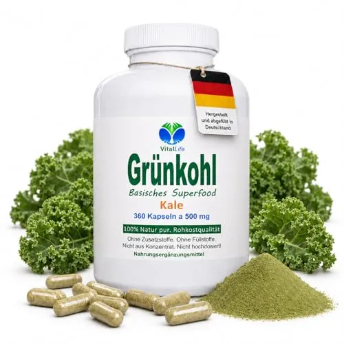 GRÜNKOHL Kale 360 Kapseln - 100% Natur Superfood - Multivitaminpräparate & Mineralien, reich an Lutein und Sulforaphan für Augen und Darmflora, ohne Zusatzstoffe, in Rohkostqualität und vegan.