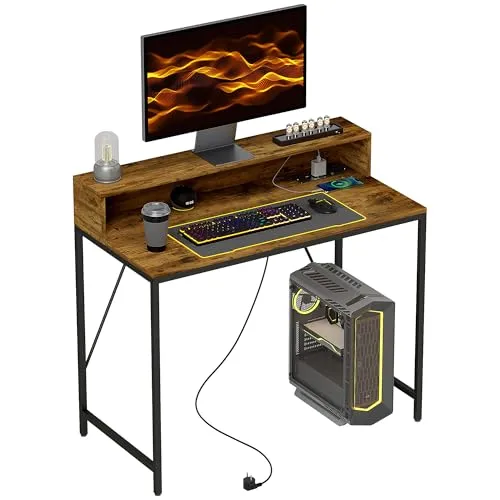 HOMCOM Computertisch mit Anschlüssen und Monitorfläche - Computertisch für Büro und Arbeitszimmer, mit integrierter Steckdosenleiste und USB-Anschlüssen - ideal für effizientes Arbeiten im modernen Design.