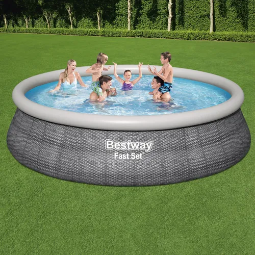 Bestway® Fast SetTM Aufstellpool-Set Ø 457 cm, Rattan-Optik - Swimmingpools mit einfachem Fill & Rise Aufbau, robustem DuraPlusTM Material und integrierter Filterpumpe für sauberes Wasser – ideal für Familien!