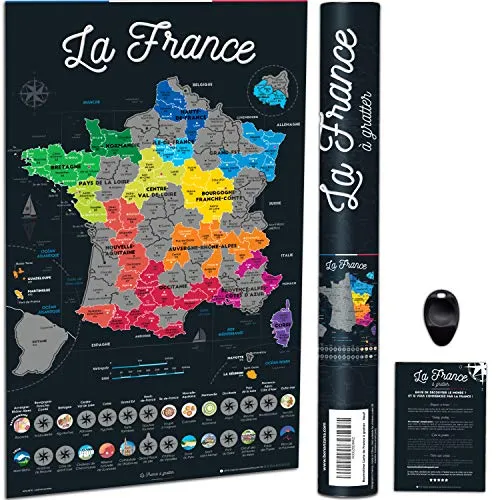 Bonanzana Karte von Frankreich zum Rubbeln – 70 x 42 cm – Poster zum Rubbeln der Regionen & französischen Departements mit Speisen & Orten – Geschenkkarte für Reisen – Scratch Off Map