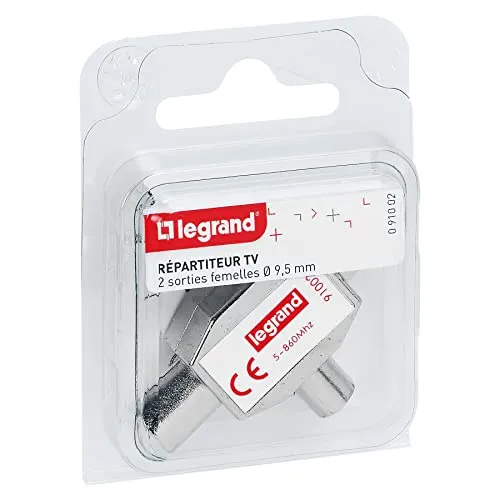 LEGRAND, Antennen-Verteiler, T-Kupplung, Zweigeräte-Verteiler, Standardverteiler für TV, geschirmter TV-Splitter 2-fach, 2 TV-Ausgänge (weiblich) und 1 TV-Eingang (männlich), Ø9,52mm, 091002