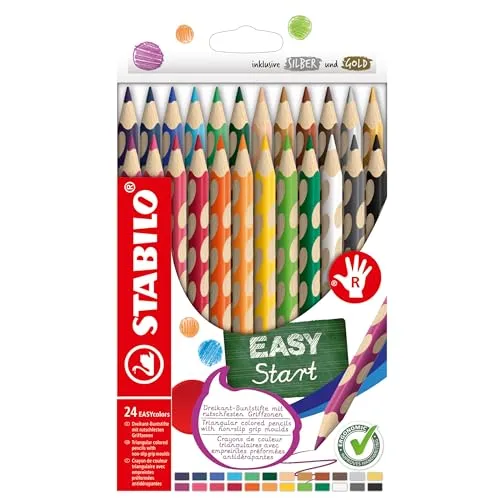 STABILO Ergonomischer Buntstift für Rechtshänder - EASYcolors 24er Pack, ergonomisch mit rutschfesten Griffmulden und 24 Farben für kreatives Zeichnen