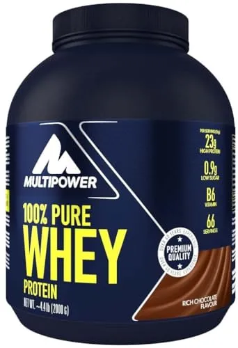Multipower 100% Pure Whey Protein – wasserlösliches Proteinpulver mit Schokoladen Geschmack aus Wheykonzentrat und -Isolat – 21 g Protein und Vitamin B6 – 2 kg
