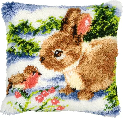 VERVACO Knüpfkissen Set für Anfänger - Kaninchen & Vogel - Knüpf-Sets mit kompletten Materialien und einfacher Anleitung für kreatives DIY. Ideal für Anfänger und zur Gestaltung einzigartiger Deko-Kissen.